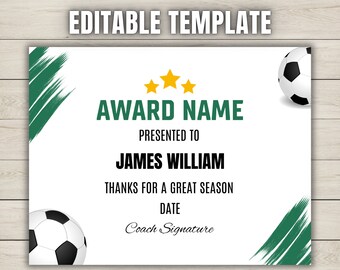 Premio Certificado de Fútbol Editable Fútbol Imprimible Ceremonia de Premiación de Fin de Temporada Participación de Premios Plantilla Canva de Premio de Fútbol Personalizado