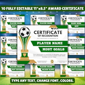 Custom Soccer Certificates Award Canva Template, Custome soccer End of Season Award Ceremony Awards, Participation Soccer Award Canva