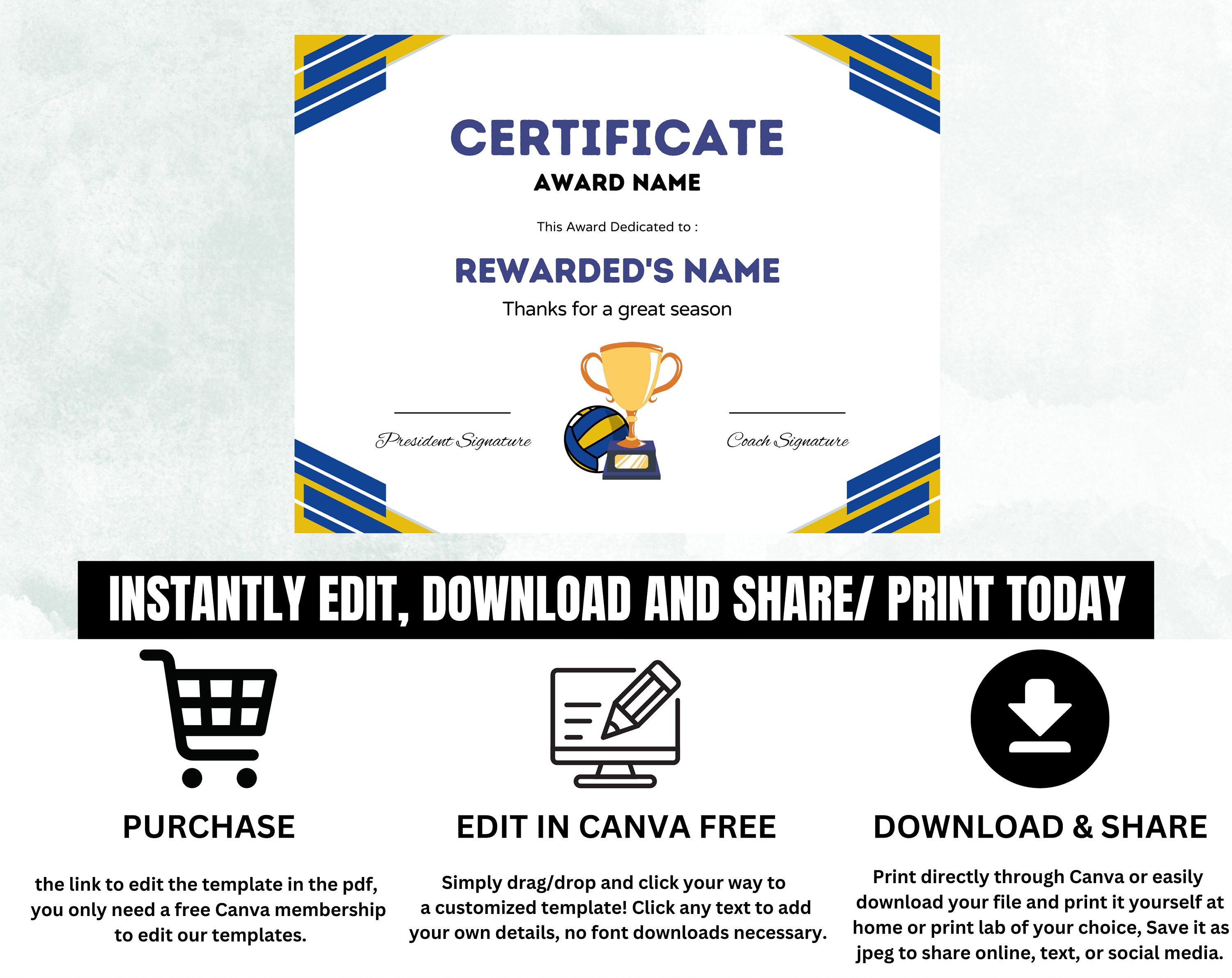Editable Volleyball Certificate Award Canva Template,printable ...