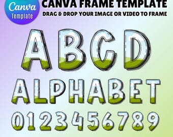 Plantilla de alfabeto con marco de Canva, letras y números en blanco editables, fuente transparente 3D del alfabeto doodle, descarga de archivo digital