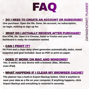 Puede incluir: Un gr&aacute;fico de preguntas frecuentes morado con texto blanco. El texto responde preguntas sobre un planificador digital, incluida la creaci&oacute;n de cuentas, el formato de archivo, la impresi&oacute;n, la compatibilidad de dispositivos y la copia de seguridad de datos.