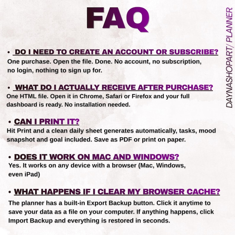 Puede incluir: Un gr&aacute;fico de preguntas frecuentes morado con texto blanco. El texto responde preguntas sobre un planificador digital, incluida la creaci&oacute;n de cuentas, el formato de archivo, la impresi&oacute;n, la compatibilidad de dispositivos y la copia de seguridad de datos.