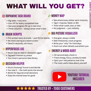 Puede incluir: Un gr&aacute;fico morado y blanco con el texto "WHAT WILL YOU GET?" enumera las caracter&iacute;sticas de un planificador, incluyendo un tablero de tareas de dopamina, guiones cerebrales y un mapa de dinero. Se incluye un tutorial de YouTube. Con la confianza de +2000 clientes.