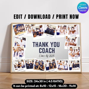 Op de afbeelding: Een collage van foto's van een basketbalteam met de tekst "Thank You Coach Class of 2025" in het midden. De foto's zijn in een raster gerangschikt en hebben een witte rand. De achtergrond is lichtgrijs. De collage is 61 cm bij 76 cm en kan in verschillende formaten worden afgedrukt.