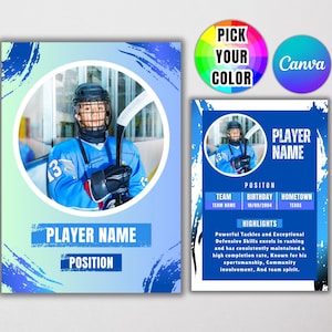 Modèle de carte de hockey à collectionner, modèle modifiable de toile de carte de joueur, cartes de sport personnalisables à faire soi-même, cadeaux imprimables de carte de hockey sur glace d'équipe d'école