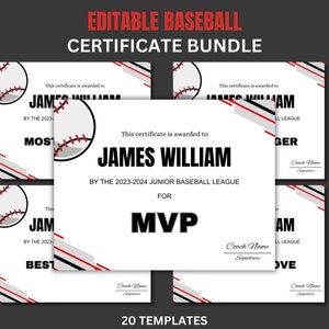 Editable baseball Certificate Award Bundle Printable Team baseball End of Season Award Ceremony Awards Participation baseball canva template