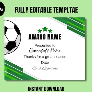 Editable Soccer Certificate Award Canva Template, Printable soccer End of Season Award Ceremony Awards, Participation Soccer Award