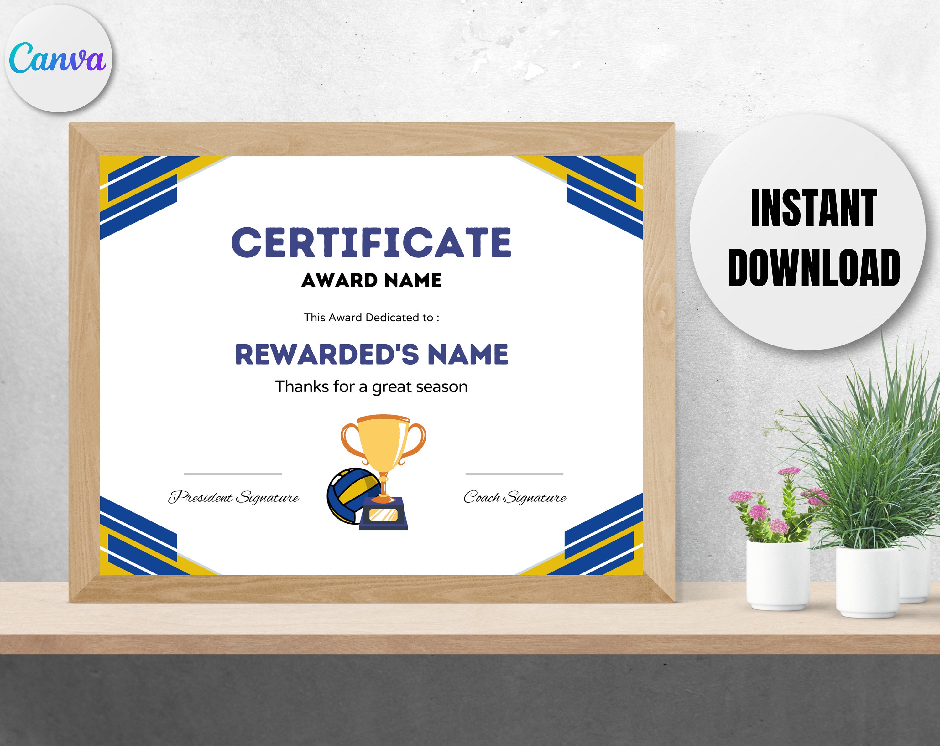Editable Volleyball Certificate Award Canva Template,printable ...
