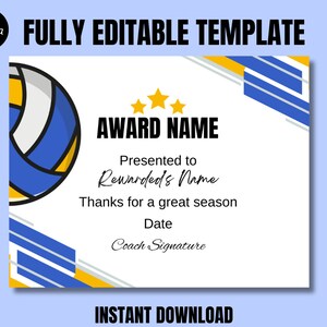 Editable Volleyball Certificate Award Canva Template,Printable Volleyball End of Season Award Ceremony Awards,Participation Volleyball Award