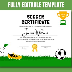 Editable Soccer Certificate Award Canva Template Printable soccer End of Season Award Ceremony Awards Participation Soccer Award