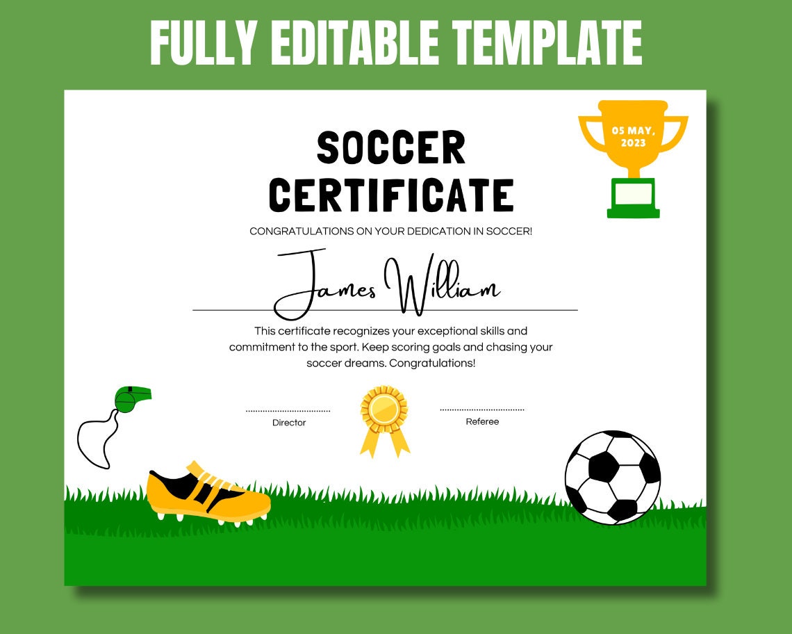 Editable Soccer Certificate Award Canva Template Printable Soccer End