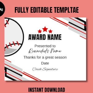 Editable baseball Certificate Award Canva Template, Printable baseball End of Season Award Ceremony Awards, Participation baseball Award