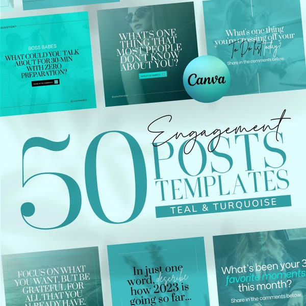 Engagement Post Templates for Women Entrepreneurs | INSTANT DOWNLOAD | 50 Editable Instagram Canva Designs | Teal & Turquoise | IGEP03TD-TT