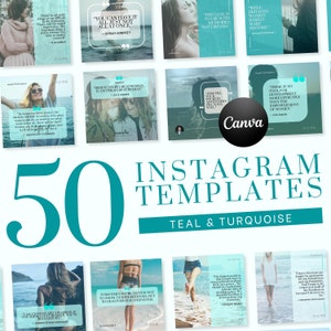 50 Instagram Post Templates | Women Empowerment Quotes | INSTANT DOWNLOAD | Editable Canva Feminine Designs | Teal & Turquoise | IGQWE03TT