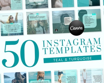 50 Instagram Post Templates | Women Empowerment Quotes | INSTANT DOWNLOAD | Editable Canva Feminine Designs | Teal & Turquoise | IGQWE03TT