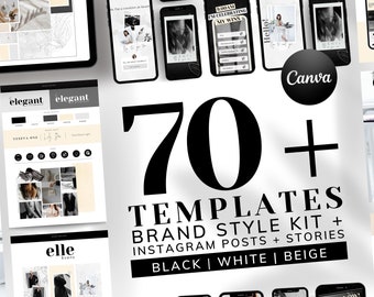 Brand Kit with Instagram Post and Story Templates | INSTANT DOWNLOAD | 70+ Editable Canva Luxury Designs | Black, White and Beige | BKSBEE01