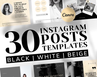 30 Minimalist Instagram Post Templates | INSTANT DOWNLOAD | Editable Pre-Made Canva Designs | Luxury Insta | Black, White & Beige | IGEE-01