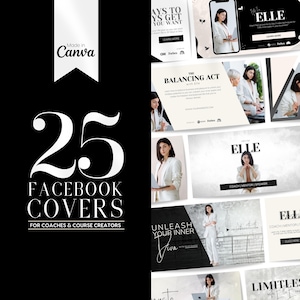 25 Facebook Cover Banner Templates for Coaches and Course Creators | INSTANT DOWNLOAD | Editable Canva Glamorous Designs | B&W | FBC04EE-BWB