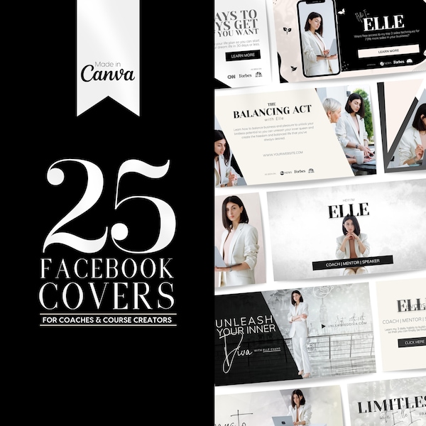 25 Facebook Cover Banner Templates for Coaches and Course Creators | INSTANT DOWNLOAD | Editable Canva Glamorous Designs | B&W | FBC04EE-BWB