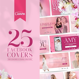 25 Facebook Cover Banner Vorlagen für Coaches und Kursersteller | SOFORTIGER DOWNLOAD | Bearbeitbare Canva Glamouröse Designs | Rosa | FBC01-LA-P