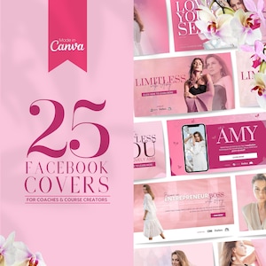 25 Facebook Cover Banner Templates for Coaches and Course Creators | INSTANT DOWNLOAD | Editable Canva Glamorous Designs | Pink | FBC01-LA-P