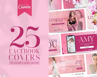 25 Facebook Cover Banner Templates for Coaches and Course Creators | INSTANT DOWNLOAD | Editable Canva Glamorous Designs | Pink | FBC01-LA-P