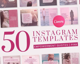 50 Instagram Post Templates | Women Empowerment Quotes | INSTANT DOWNLOAD | Editable Canva Feminine Designs | Sunset Pink | IGQWE02LAP