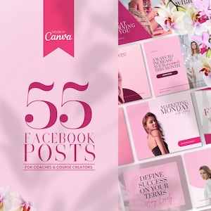 Peut inclure: Une conception graphique rose et blanche avec le texte "55 Facebook Posts for Coaches & Course Creators". Le graphique comprend également le texte "Made in Canva" et plusieurs petits graphiques roses et blancs avec du texte comme "Marketing Monday" et "Define Success on Your Terms".