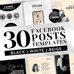 30 Facebook Post Templates for Business Pages, Profiles & Groups | INSTANT DOWNLOAD | Editable Canva Designs | Black, White Beige | FBP01-EE