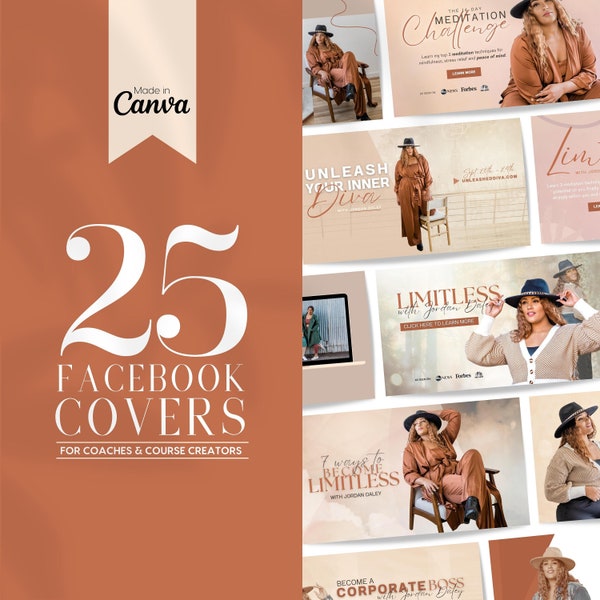 25 Facebook Cover Banner Templates for Coaches & Course Creators | INSTANT DOWNLOAD | Editable Canva Glamorous Designs | Orange | FBC03DJ-BO