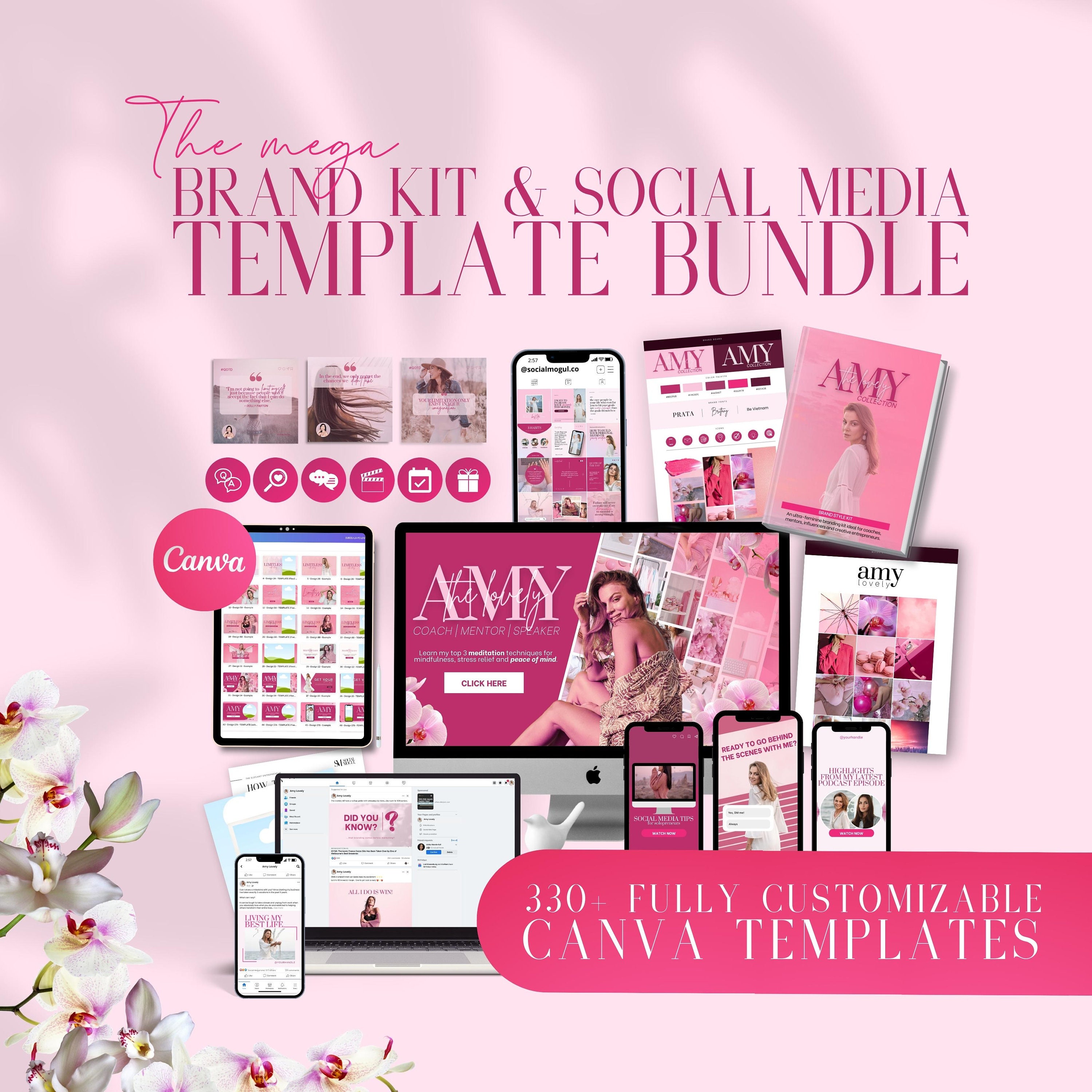 Social Media and Brand Kit Bundle INSTANT DOWNLOAD 330 Editable Canva ...
