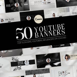 50 DIY YouTube Banner Design Bundle for YouTubers / Vloggers | INSTANT DOWNLOAD | Editable Canva Templates | B&W | Mixed Styles | YTBB01EEBW