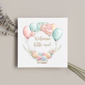 Cartão novo bonito do bebê, cartão personalizado, flores na cesta, balões, cartão em branco, cores pastel, bem-vindo, menino, menina