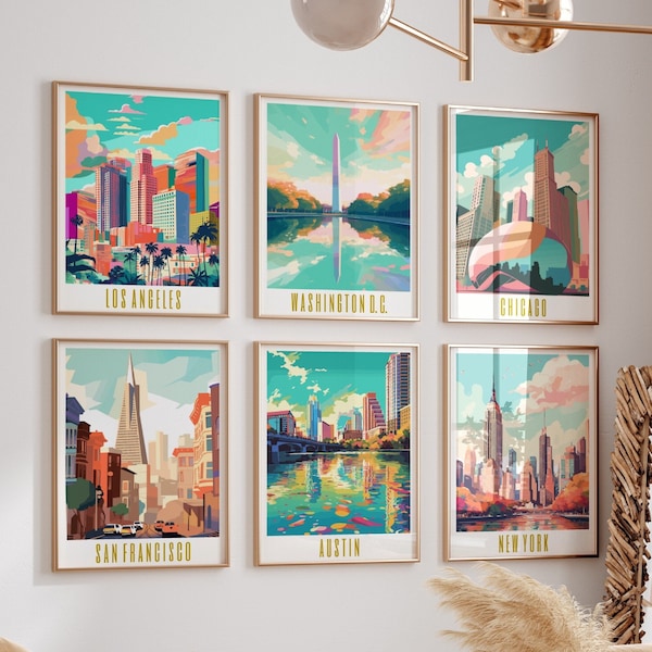 US Travel Poster Set of 6 Digital Prints Retro Wall Art US Cities Prints New York Posters San Francisco Prints Digital Download Wall Decor