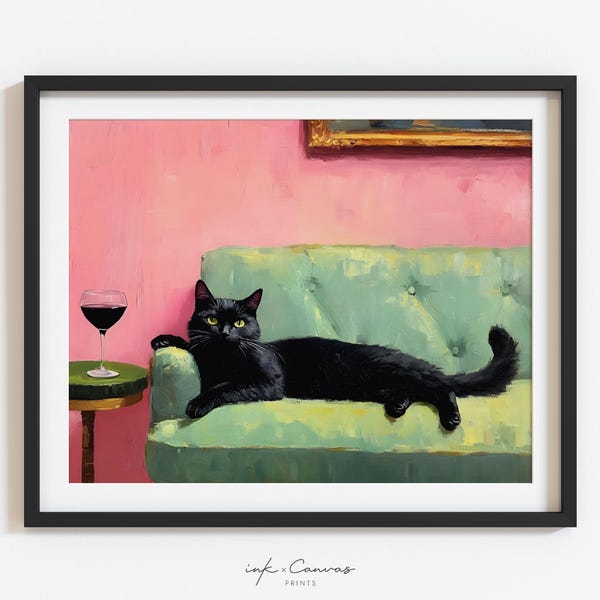 Arte de pared de vino con gato negro retro, decoración de carrito de bar, arte de cóctel, decoración de bar de vinos, pintura al óleo vintage, impresión de gato negro, arte de pared ecléctico, arte de gato lindo