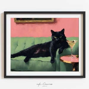Black Cat Martini Wall Art Bar Cart Decor Cocktail Art Bar Decor Vintage Oil Painting Black Cat Print Retro Eclectic Wall Art Cute Cat Art