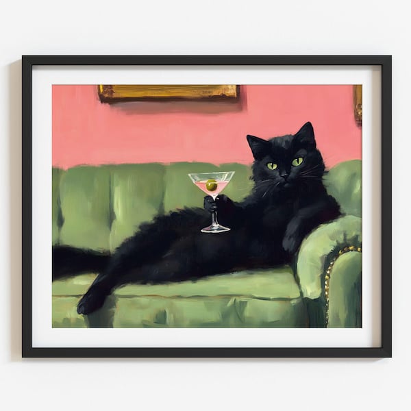 Retro Black Cat Martini Wall Art Bar Cart Decor Cocktail Art Bar Decor Vintage Oil Painting Black Cat Print Eclectic Wall Art Cute Cat Art
