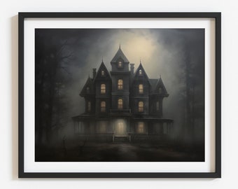 May include: A dark, ominous Victorian-style house with lit windows stands in a foggy forest under a full moon. The house has a large porch with railings and a front door. The image is painted in a realistic style.