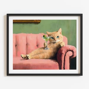 Retro Orange Cat Martini Wall Art Bar Cart Decor Cocktail Art Bar Decor Vintage Oil Painting Ginger Cat Print Eclectic Wall Art Cute Cat Art