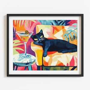 Retro Black Cat Martini Wall Art Bar Cart Decor Cocktail Art Bar Decor Maximalist Cat Poster Black Cat Print Eclectic Wall Art Cute Cat Art