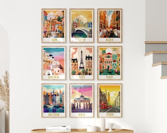 Retro Travel Posters European Cities Wall Art Set of 10 Digital Prints Dublin Travel Poster UK Travel Poster Europe Gallery Wall Print Set