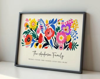 Personalized Birth Flower Print | Custom Family Bouquet Wall Art | Eclectic Botanical Art | Modern Floral Home Decor (Digital or Unframed)