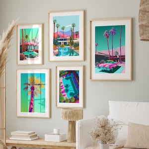 Pop Art Wall Art Mid-Century Modern Digital Prints Desert Home Decor Vintage Gallery Set Palm Springs Retro House Classic Car Palm Tree Pool