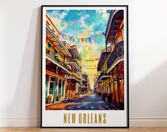 New Orleans Travel Poster NOLA Mardi Gras Print Bourbon Street Louisiana Travel Print Mid Century Modern Wall Art Eclectic Digital Download