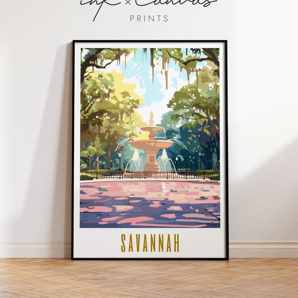 Savannah Travel Poster Forsyth Park Maximal Decor Mid Century Modern Wall Art Savannah Georgia Art Landscape Print Descarga digital ecléctica