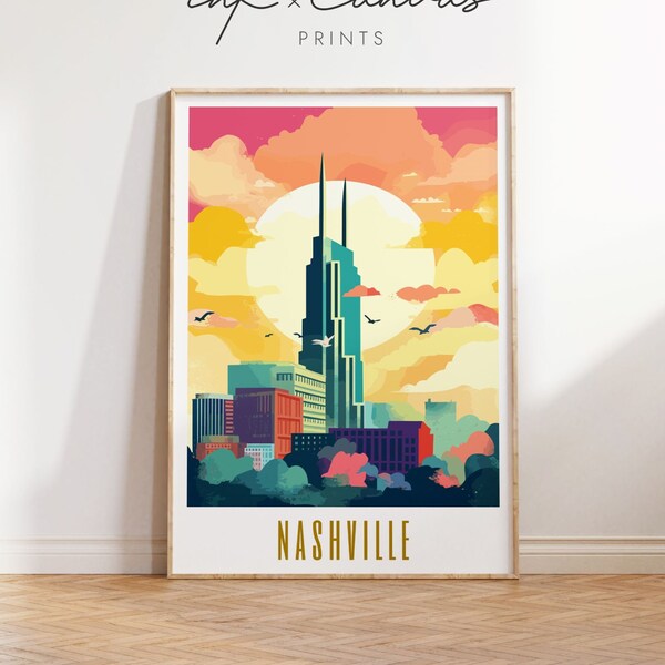 Retro Travel Poster Nashville Print US Cities Wall Art Vintage Prints Tennessee Travel Poster Retro Wall Decor Modern Art Digital Download