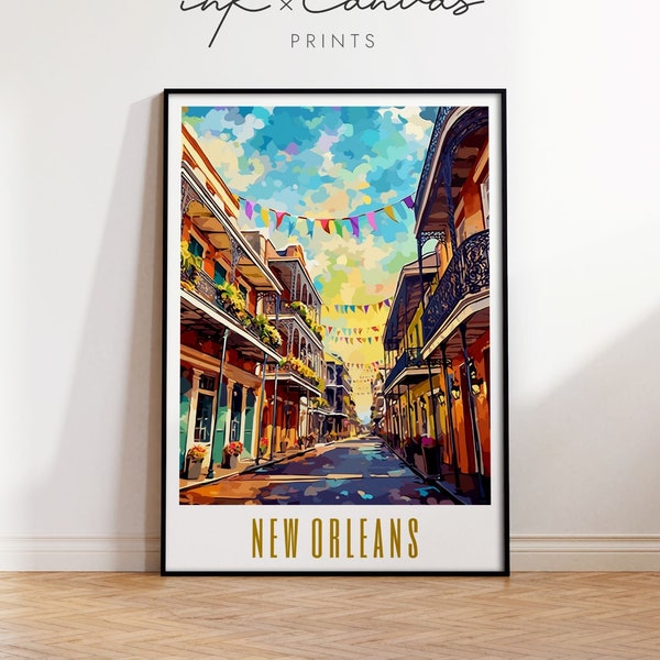 Cartel de viaje de Nueva Orleans NOLA Mardi Gras Impresión Bourbon Street Louisiana Impresión de viajes Mid Century Modern Wall Art Ecléctico Descarga digital