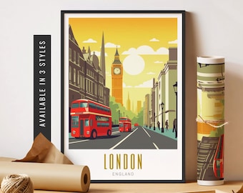 Może przedstawiać: Plakat w stylu vintage przedstawiający czerwony autobus piętrowy jadący ulicą w Londynie, w Anglii. W tle widać ikonę wieży zegarowej Big Ben. Plakat ma żółto-pomarańczową kolorystykę, a na dole nadrukowany jest tekst "LONDON ENGLAND".
