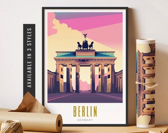 May include: A colorful illustration of the Brandenburg Gate in Berlin, Germany. The gate is depicted in a retro style with a pink and yellow sunset in the background. The text "BERLIN" and "GERMANY" is displayed below the gate.