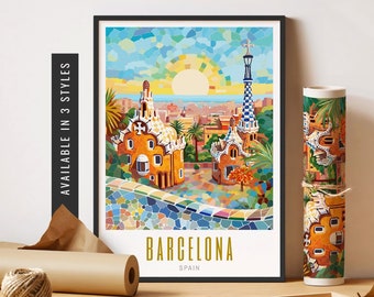 Barcelona Travel Poster Park Guell Spain Poster Barcelona Spain Print Spanish Decor Retro City Wall Art Unframed Poster Travel Art Printable